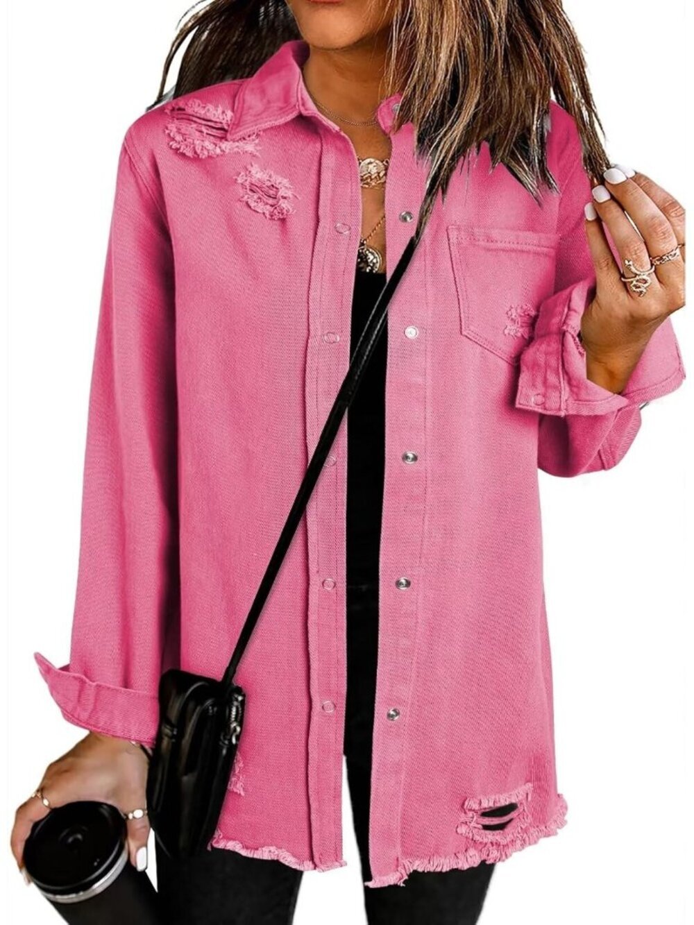 Women's Oversized Denim Jacket Long Sleeve Denim Shirts Jean Jacket A1 Rose - Picture 1 of 4